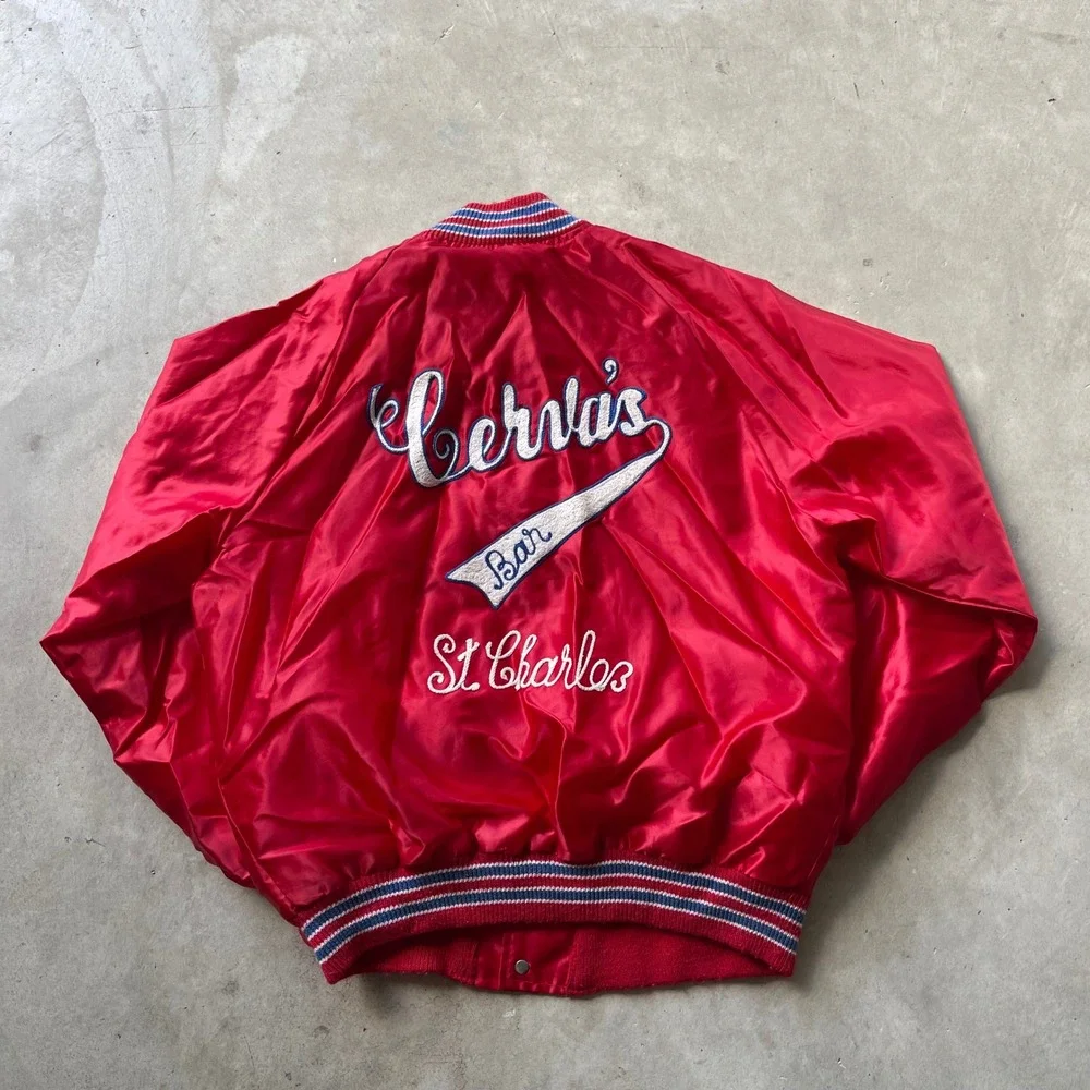Vintage Butwin Satin Bomber Jacket Red Chain Stitch Cervas Bar Mens Medium